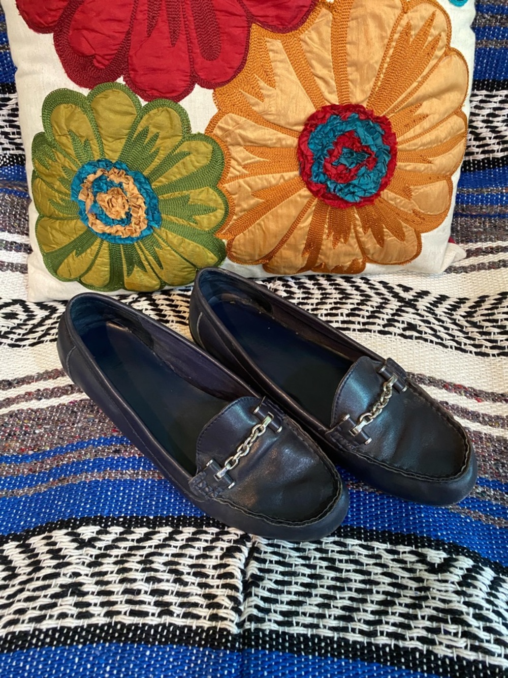 Ralph Lauren Navy Leather Chain-Accent Loafers